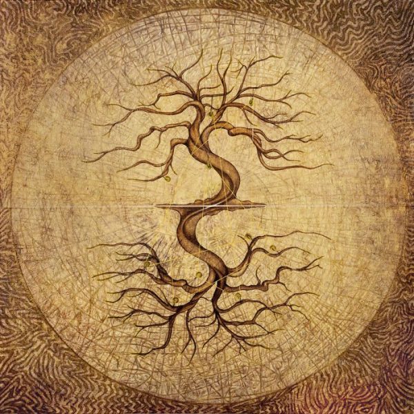 "Karmic" is a painting by Horacio Cardozo. Its main concept depicts our past and present lives as a continuum of cosmic energy represented by the interconnected trees. They keep bound by a thin golden string that runs across ten pulleys hanging on both trees which represent the tension of causes and effects throughout our lives.